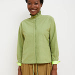 Dr Bloom Vichy Shirt in green gingham check with ruffle collar and neon cuffs