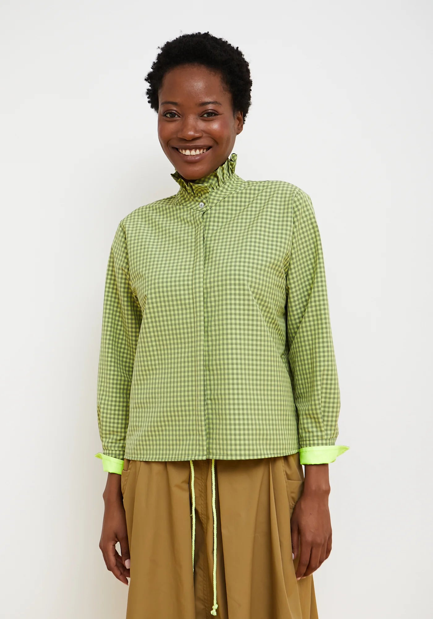 Dr Bloom Vichy Shirt in green gingham check with ruffle collar and neon cuffs