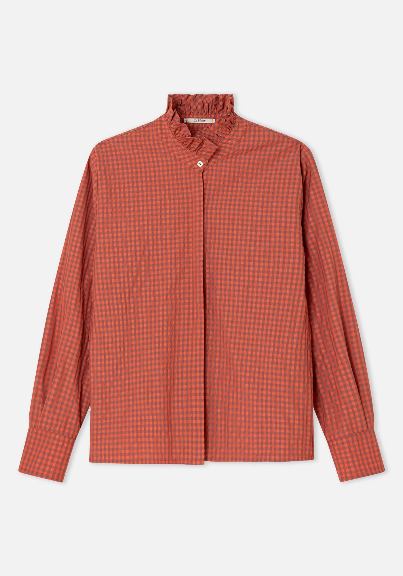Dr Bloom Vichy Shirt in rust orange gingham check with ruffled collar
