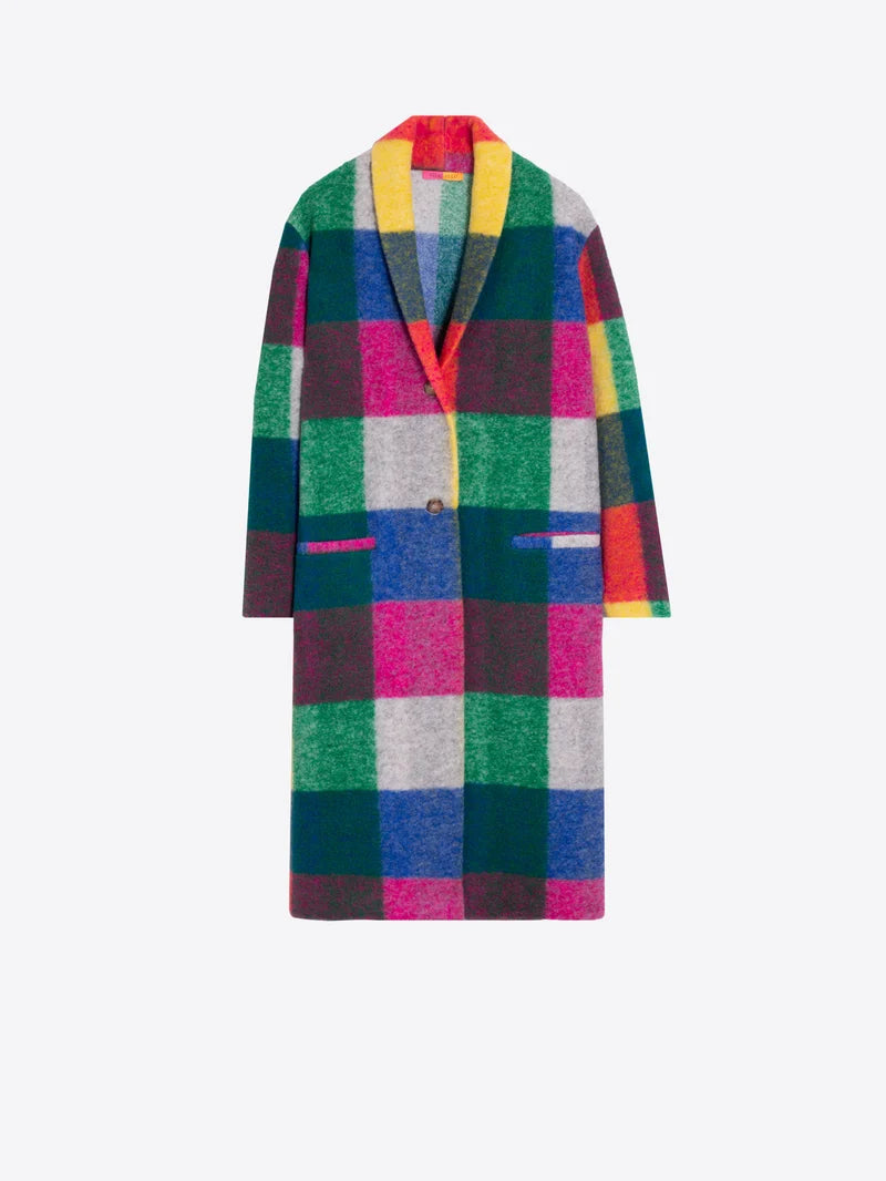 Long oversized plaid coat in multicolor checks with shawl lapel and single button