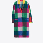 Long oversized plaid coat in multicolor checks with shawl lapel and single button