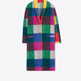 Long oversized plaid coat in multicolor checks with shawl lapel and single button
