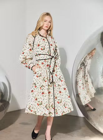 Floral midi shirtdress with velvet trim, puff sleeves, and waist sash in cream