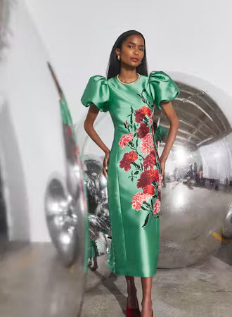 Green satin midi pencil dress with red floral embroidery and puff sleeves