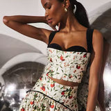 Floral bustier crop top with black velvet trim and adjustable straps