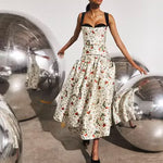 Hunter Bell Ralston Bustier midi dress, white floral print, black sweetheart neckline straps