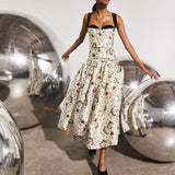 Hunter Bell Ralston Bustier midi dress, white floral print, black sweetheart neckline straps