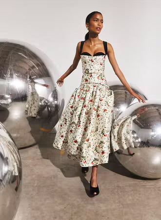 Hunter Bell Ralston Bustier midi dress, white floral print, black sweetheart neckline straps