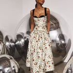 White floral midi skirt with velvet trim, boning, and full gathered silhouette
