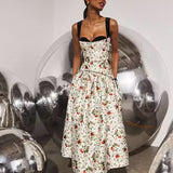 White floral midi skirt with velvet trim, boning, and full gathered silhouette