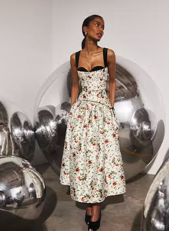 White floral midi skirt with velvet trim, boning, and full gathered silhouette