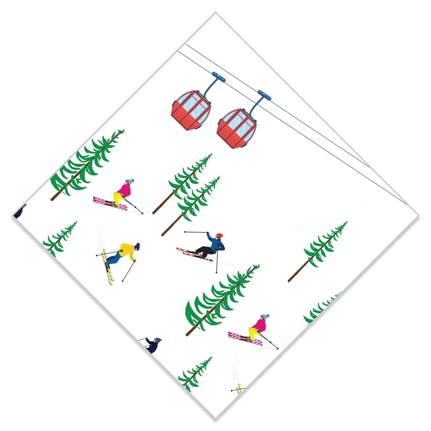 Diamond-folded cocktail napkin with ski resort pattern featuring skiers, pine trees, and gondolas