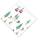 Diamond-folded cocktail napkin with ski resort pattern featuring skiers, pine trees, and gondolas
