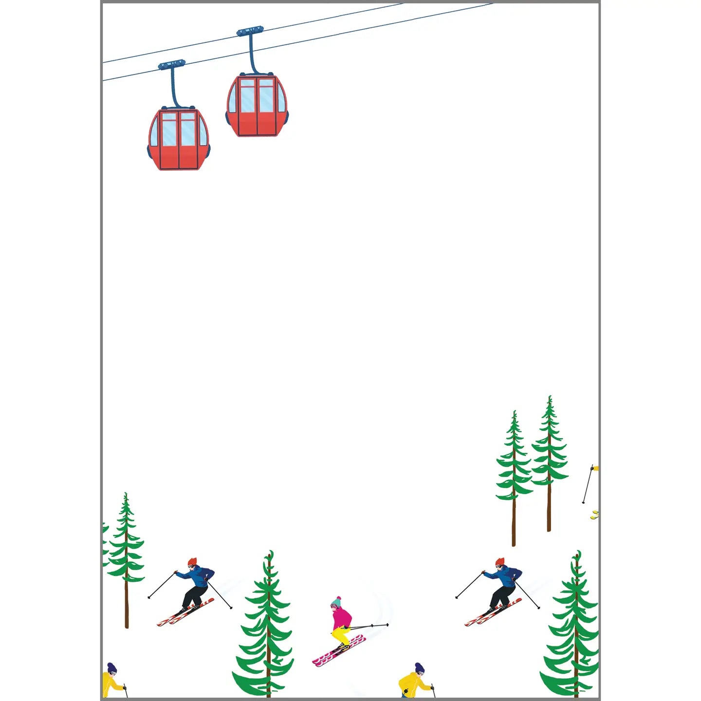 Ski season notepad 5x7 with red gondolas, skiers, and pine trees illustration