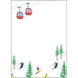 Ski season notepad 5x7 with red gondolas, skiers, and pine trees illustration