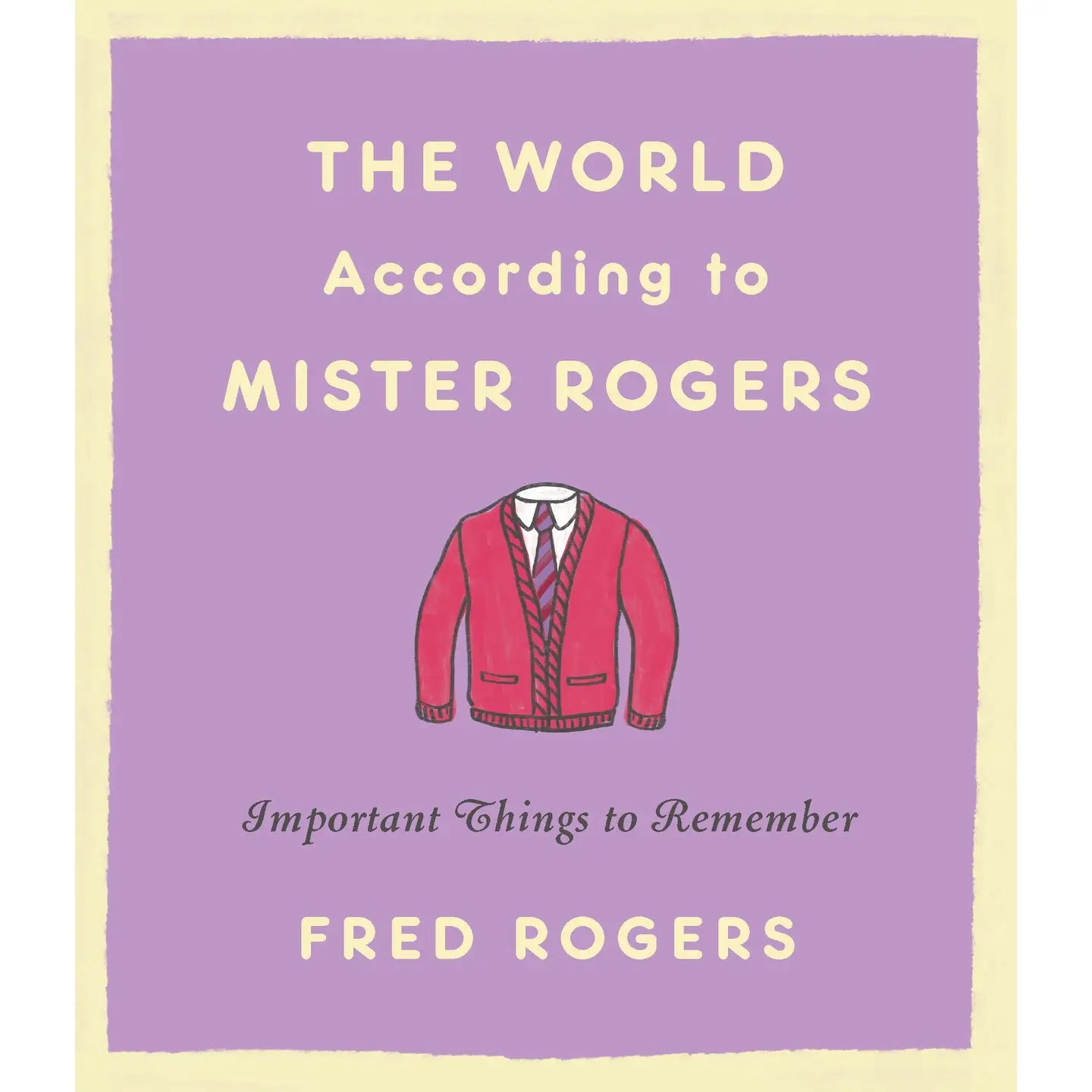 The World According to Mister Rogers book cover with red cardigan illustration on purple background