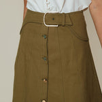 Olive green button-front midi skirt with belt and patch pocket
