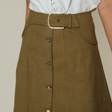 Olive green button-front midi skirt with belt and patch pocket