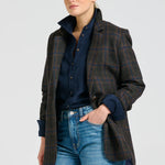 Shirty Iris Blazer in dark charcoal plaid with blue and rust checks, worn open