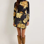 Black and yellow abstract floral print turtleneck long-sleeve fitted top