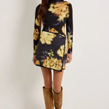 Black and yellow abstract floral print turtleneck long-sleeve fitted top