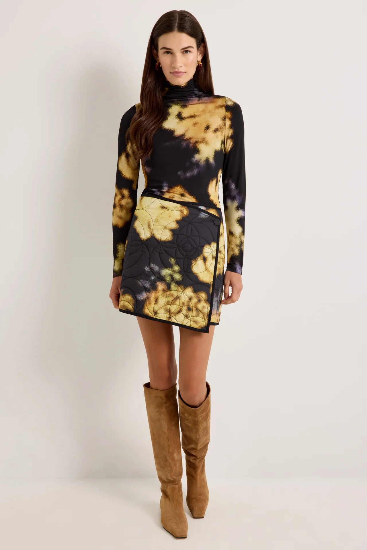 Black and yellow abstract floral print turtleneck long-sleeve fitted top