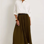 Olive green pleated maxi skirt with black elastic waistband, A-line silhouette