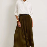Olive green pleated maxi skirt with black elastic waistband, A-line silhouette