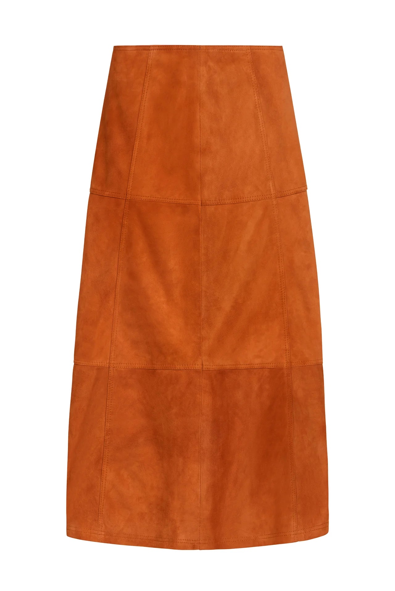 Marie Oliver Yuri midi skirt in burnt orange suede with paneled seam details