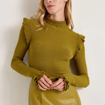 Olive green ribbed turtleneck sweater with ruffle shoulders and ruffled cuffs