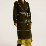 Olive green wool wrap coat with white blanket stitch trim and self-tie belt