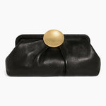 Black leather clutch bag with gold circular engraved clasp and front pleating