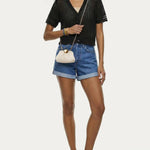 Cream mini frame crossbody bag with gold ball clasp and chain strap