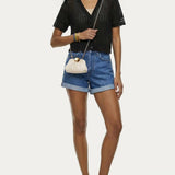 Cream mini frame crossbody bag with gold ball clasp and chain strap