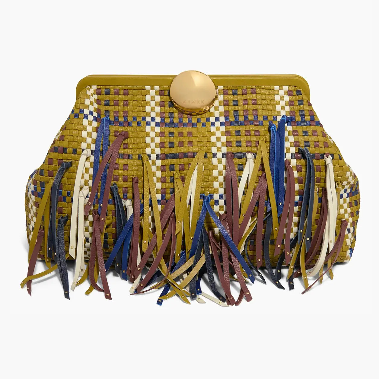 Woven leather clutch in mustard, blue, and brown with multicolor fringe and gold clasp