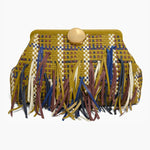 Woven leather clutch in mustard, blue, and brown with multicolor fringe and gold clasp