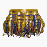 Woven leather clutch in mustard, blue, and brown with multicolor fringe and gold clasp