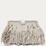 Silver metallic woven leather clutch with fringe detail and round clasp closure