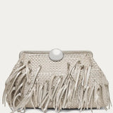 Silver metallic woven leather clutch with fringe detail and round clasp closure