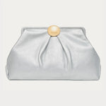 Silver metallic leather oversized clutch bag with gold circular clasp closure