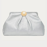 Silver metallic leather oversized clutch bag with gold circular clasp closure