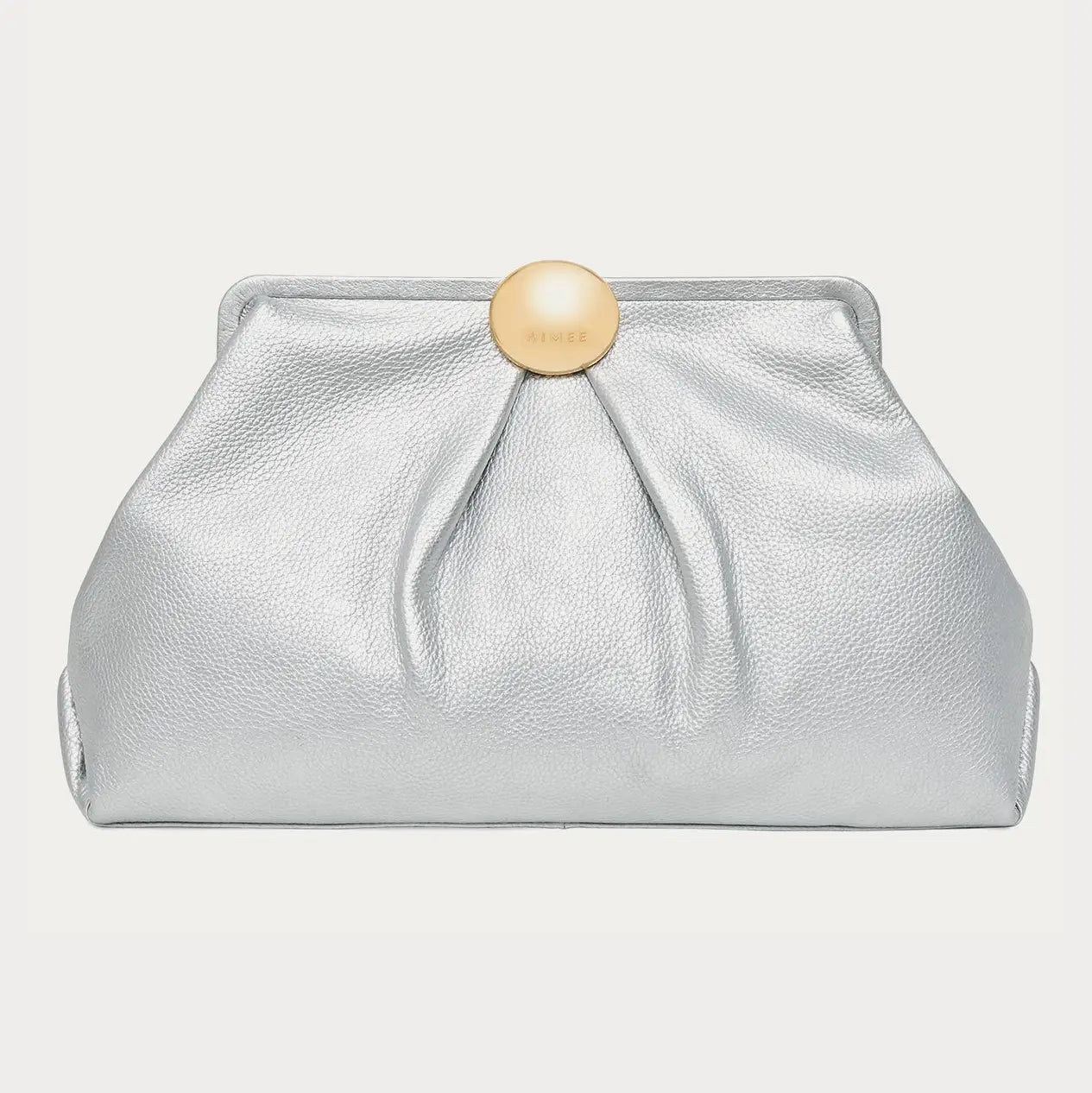 Silver metallic leather oversized clutch bag with gold circular clasp closure