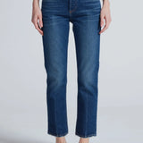 Women's high-rise slim straight medium blue wash cropped jeans with raw hem