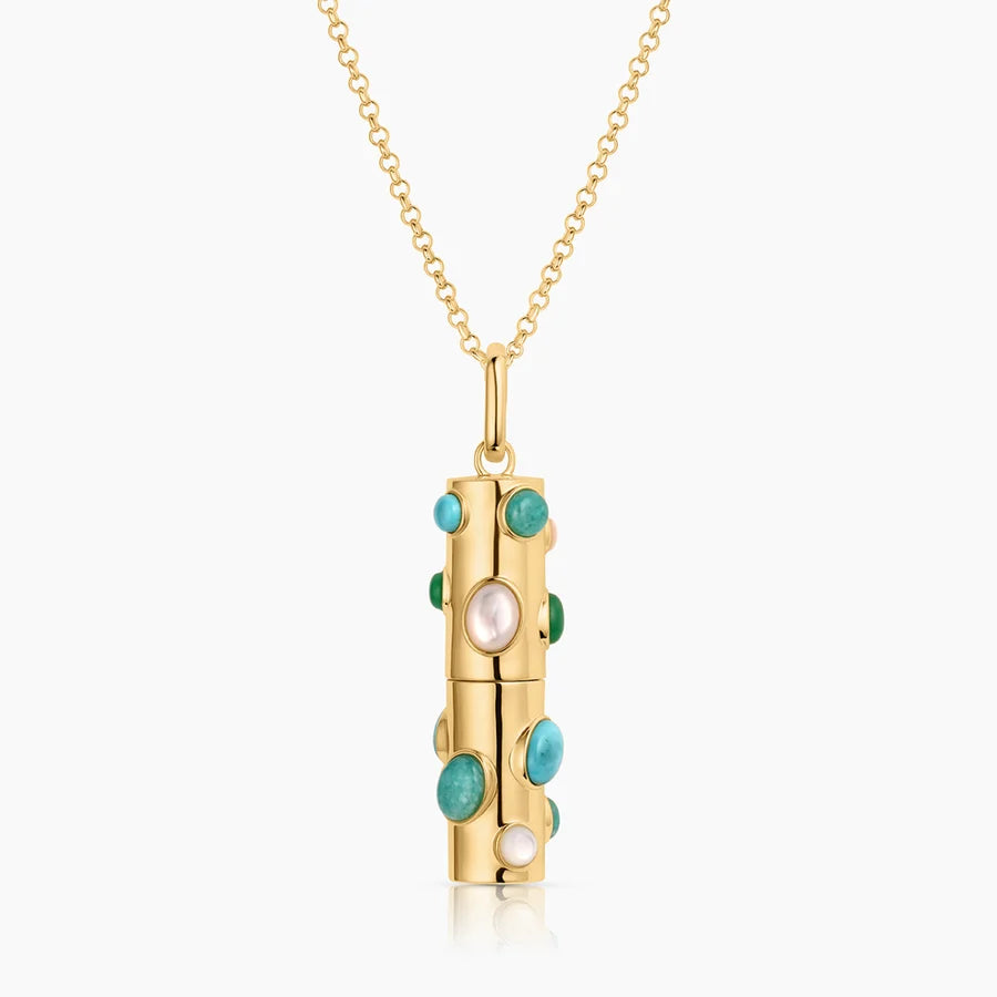 Gold capsule pendant necklace with turquoise stones and pearls on rolo chain