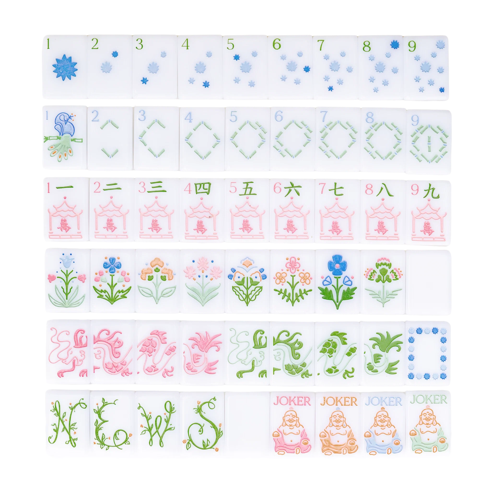 White acrylic mahjong tiles with pastel floral and dragon artwork including joker tiles