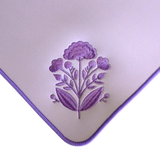 Lavender neoprene mahjong mat with purple embroidered floral bouquet and purple trim