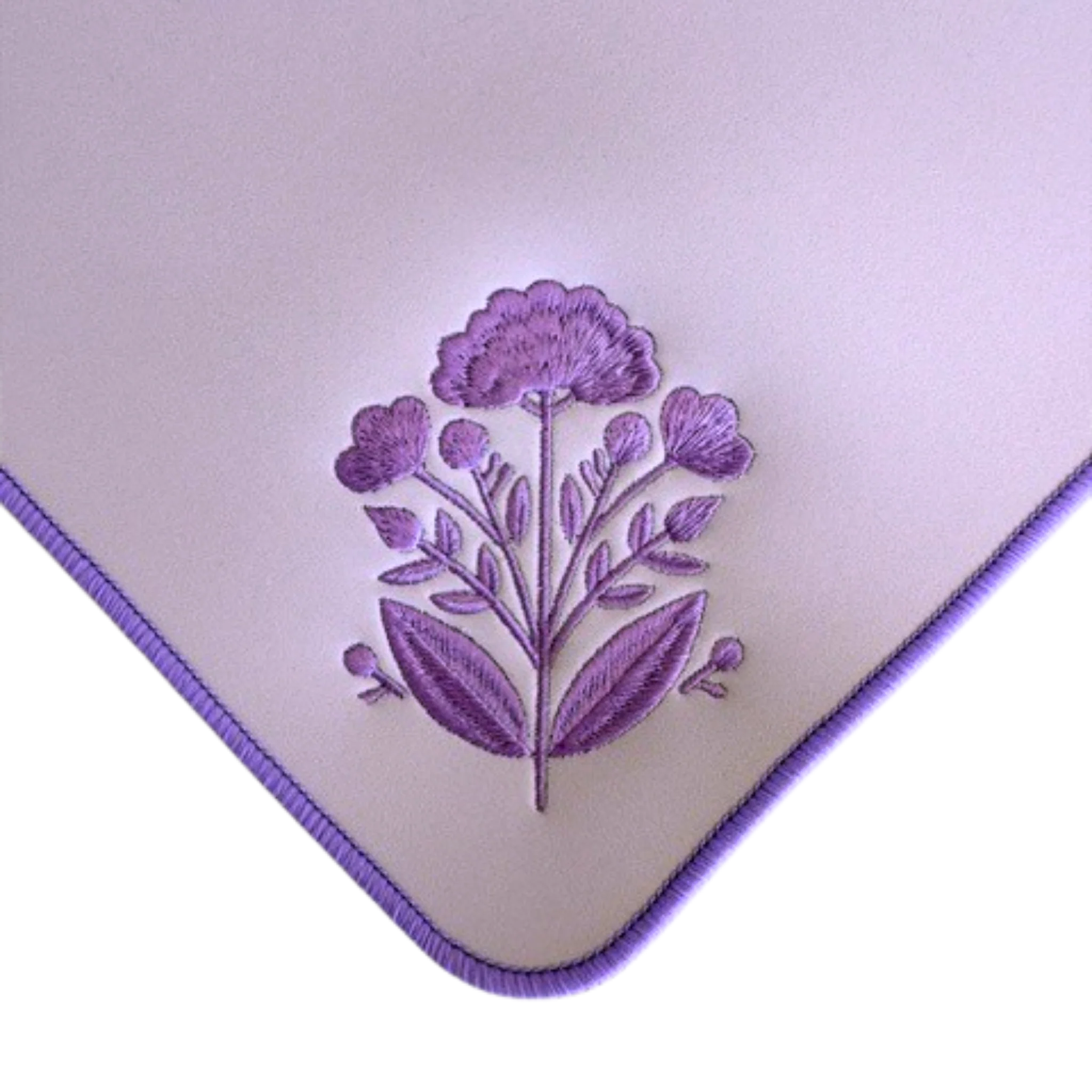 Lavender neoprene mahjong mat with purple embroidered floral bouquet and purple trim