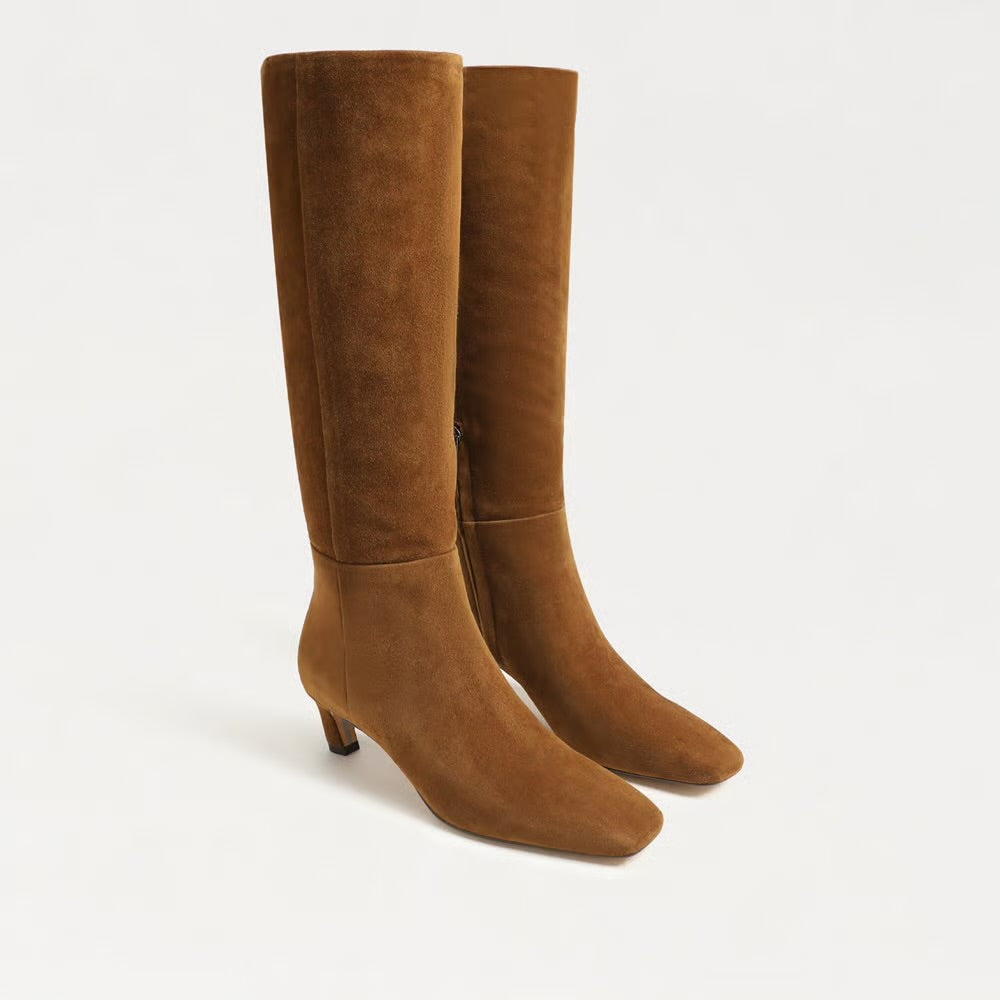 Tan suede knee-high boots with square toe and kitten heel