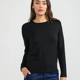 Women's black long sleeve crew neck fitted T-shirt paired with dark blue jeans