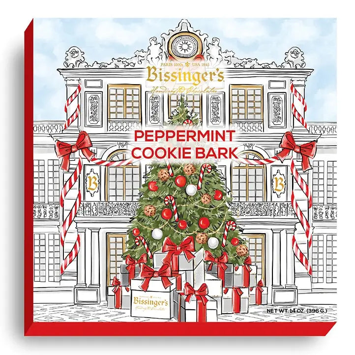 Bissinger's Peppermint Cookie Bark 14 oz holiday gift box with festive building illustration
